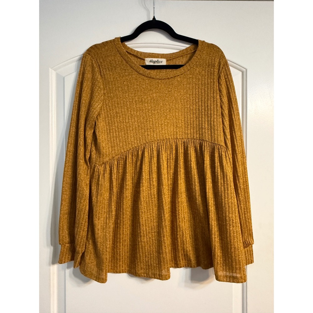 Haptics Top M Mustard Yellow Ribbed Babydoll Long Sleeve Boho Peplum Earthy Fall